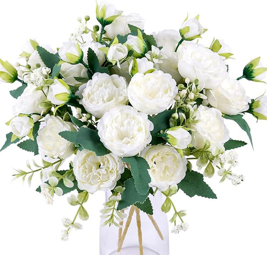 Floweroyal 8 Bunches Peony Artificial Flowers White Flowers Silk Peonies Bouquets for Wedding Party Table Centerpieces Floral Arrangement Home Kitchen Decor