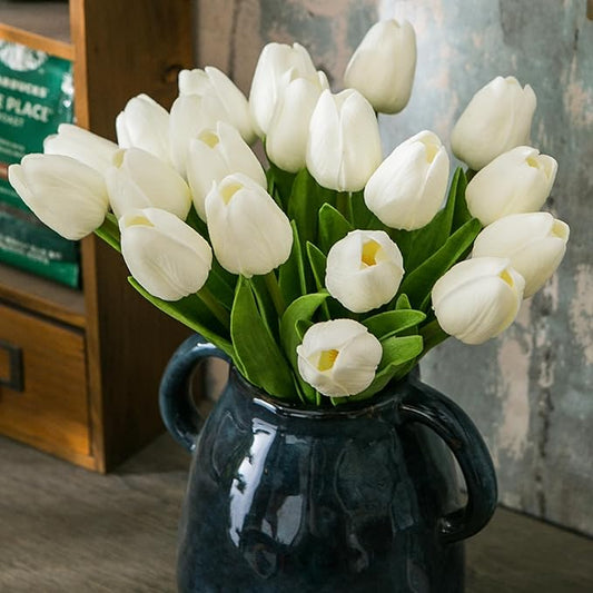 20pcs White Artificial Tulip Flowers, Silk Fake Flowers 13" for Mother's Day, Easter, Valentine’s Day Gifts in Bulk, Home, Kitchen, Wedding Decorations