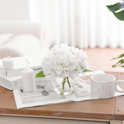 White Hydrangea Artificial Flower with Vase Fake Flower in Glass Vase with Faux Water for Home Bathroom Office Table Centerpiece Shelf Decorations Flowers