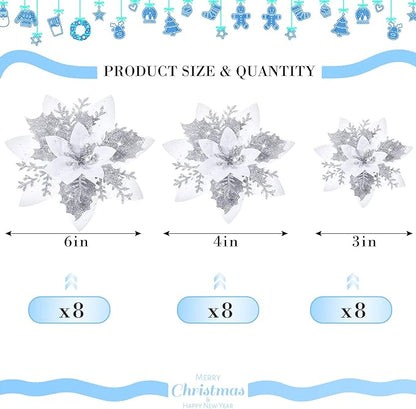 24 Christmas Glitter Artificial Poinsettia Flowers Xmas Poinsettia Artificial Wedding Flowers Decorations Xmas Tree Ornaments with Clips for Party Favors, 6 Inch, 4 Inch, 3 Inch (Silver and White)