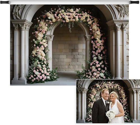 7x5ft Vintage White Pink Floral Backdrop Retro Palace Wall Flowers Arch Photography Background for Wedding Mothers Day Valentines Day Bridal Birthday Princess Couples Women Portraits