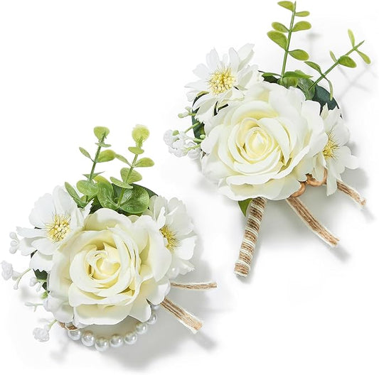Serwalin Ivory Corsage and Boutonniere Set, Prom Flower Wrist Corsage Bracelets, Homecoming Roses Corsage Wristlet and Men Boutonniere for Wedding Flowers Accessories Prom Suit Decorations
