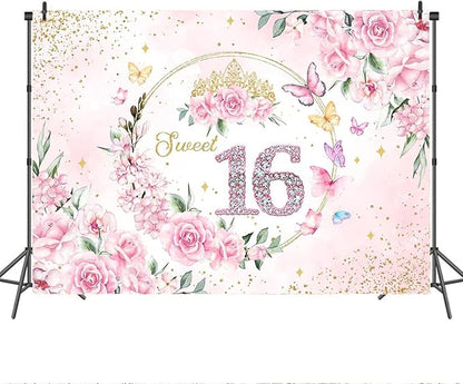 Mocsicka Sweet 16 Backdrop Rose Gold Sweet Sixteen Party Decoration Girls Pink Floral Gold Glitter Butterfly 16 Birthday Banner for Photoshoot (8x6ft)