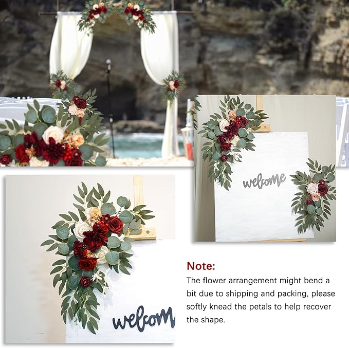 Burgundy Wedding Arch Flowers, Faux Flower Swag Set of 2, Red Floral Swag for Wedding Arch Welcome Signs, Reception Ceremony Signs Decor