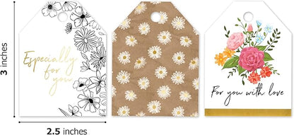 Pro Supply Global Spring Floral Theme Gift Tags - 2.5x3 Inch 24 Pack with 3 Design Styles Assorted Cardstock Prints Pre-Strung Hanging Labels Suitable for Wrapping Favors DIY Presents & Packaging Bags