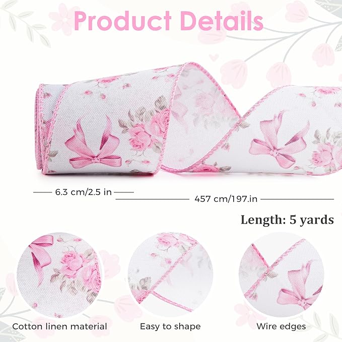 4 Rolls Pink Floral Wired Ribbon Set - 2.5 Inch Wide, 20 Yards Total – Rose Patterned Pink and White Vintage Satin Ribbon for Crafts, Spring, and Floral Decor, Mother's Day Gift for her
