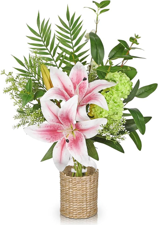 Hollyone Fake Flowers with Vase, Easter Lily Flowers, Pink Silk Tiger Lily and Hydrangea Artificial Flowers in Vase, Faux Plants and Flowers Arrangement Bouquets for Table Centerpieces Home Decor