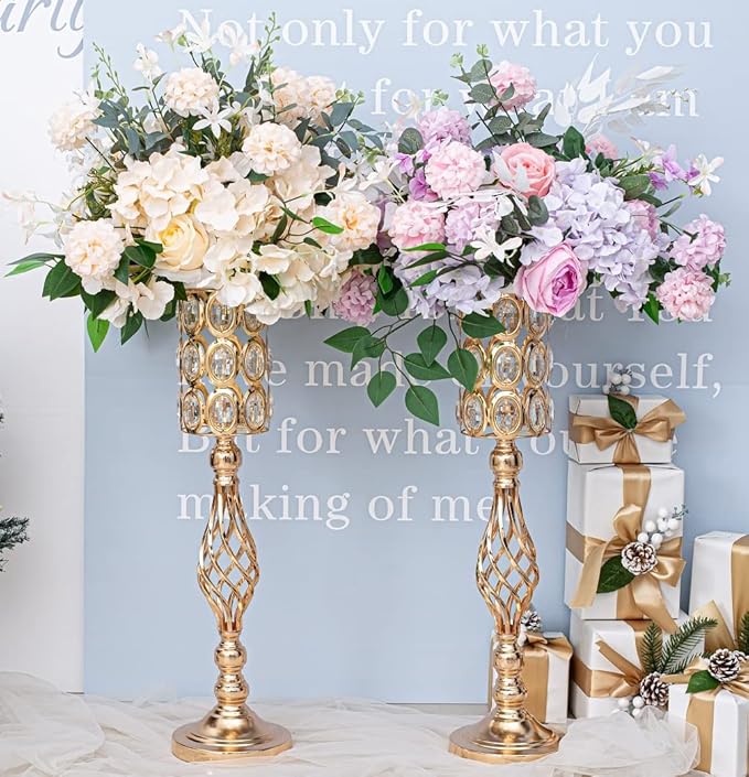 24in Metal Diamond Crystal Wedding Centerpiece Vases for Tables Set of 2, Gold Versatile Tall Flower Holders Centerpiece Flower Stands for Wedding Party Reception Dining Room Living Room Décor