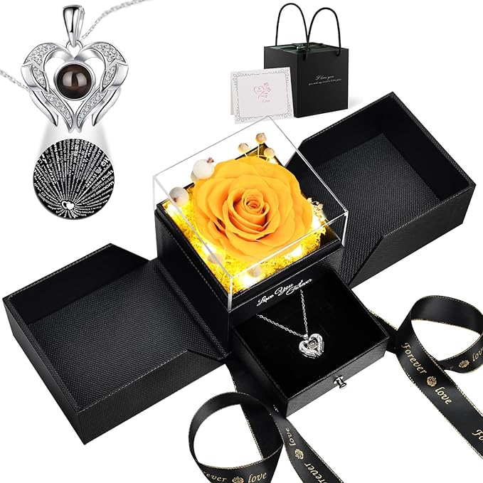 FIACO Gifts for Women Preserved Real Roses with I Love You Necklace Fresh Forever Flowers Birthday Gifts for Mom Grandma Wife Girlfriend on Anniversary Christmas Valentines Romantic Gift