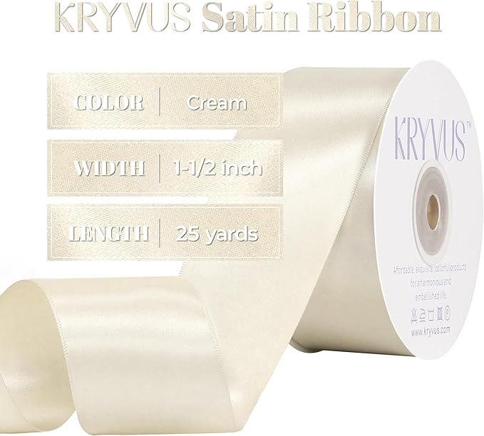 Double Faced Cream Satin Ribbon, 1-1/2 Inch X 25 Yards Polyester Ribbon for Gift Package Wrapping, Crafts, Bow Making, Sewing, Flower Bouquet, Wedding Party Decor