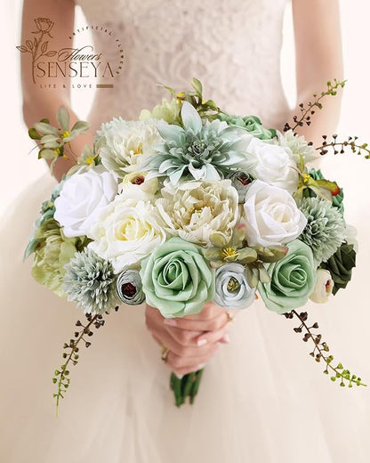 Senseya Artificial Flowers Combo Set, Green Silk Roses, Peonies, Dahlias with Stems for DIY Wedding Bouquets, Baby Shower, Table Centerpieces, Home Decor, Fake Floral Arrangements, Party Decorations