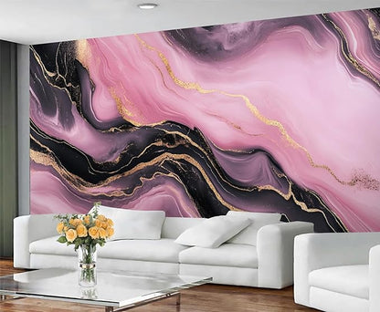 Pink Black Marble Wall Mural, Luxury Fluid Art 3D Wall Murals, Gold Vein Abstract Marble Wallpaper Mural, for Living Room Bedroom Large Wallpaper Indoor Decor 169.3" W x118.2 H