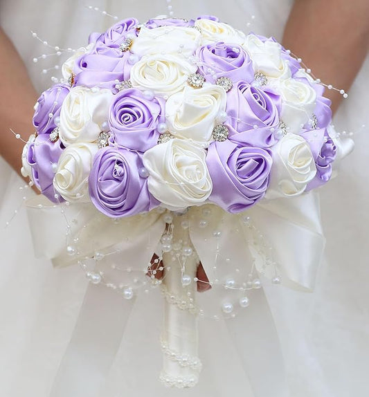 Bridal Wedding Bouquet Round Bling Brooch Bouquet Throw Toss Artificial Rose Flower Bunch for Bride Bridesmaid Wedding Quinceanera(Light Purple & Ivory, 7.5")