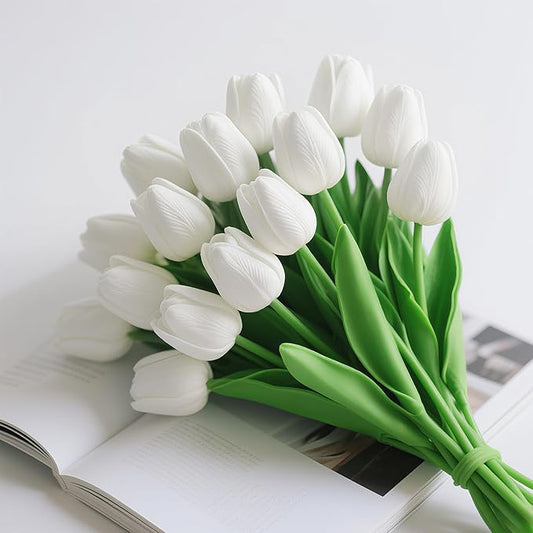20 Pcs Fake Tulips Artificial Flowers 13" White Faux Flowers Real Touch PU Tulips Bouquet for Floral Arrangement Home Kitchen Table Wedding Decorations