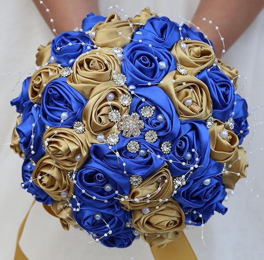 Bridal Wedding Bouquet Round Bling Brooch Bouquet Throw Toss Artificial Rose Flower Bunch for Bride Bridesmaid Wedding Quinceanera(Royal Blue & Gold, 9.8")