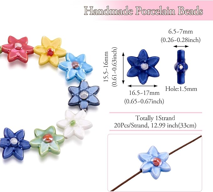 Beadthoven 20pcs Flower Ceramic Beads Mixed Color 3D Flower Shaped Handmade Porcelain Beads Vintage Unique Colorful Floral Loose Craft Spacers for Bracelet Necklace Keychain Jewelry Making DIY
