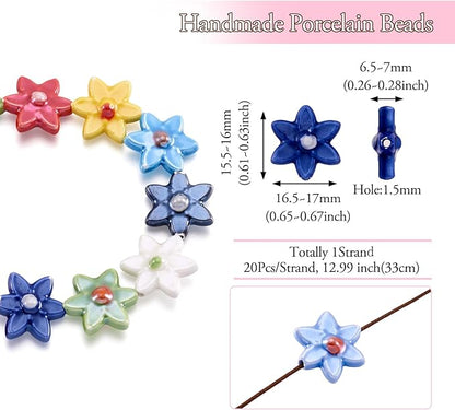 Beadthoven 20pcs Flower Ceramic Beads Mixed Color 3D Flower Shaped Handmade Porcelain Beads Vintage Unique Colorful Floral Loose Craft Spacers for Bracelet Necklace Keychain Jewelry Making DIY