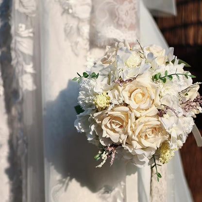 Wedding Bouquets for Bride Bridesmaid,Large Big Bridal Bouquet White Champagne Ivory Artificial Fake Silk Roses Flowers for Wedding French Vintage Boho Rustic Church Decoration Toss Bouquet (9.5in(L))