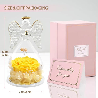 Yamonic Mom Birthday Gifts for Mom,Angel Figurines with Real Rose Gifts for Her Mom Grandma,Preserved Flowers Rose Angel Figurines for Mothers Day Christmas Anniversary Birthday Gifts for Wife(Yellow)