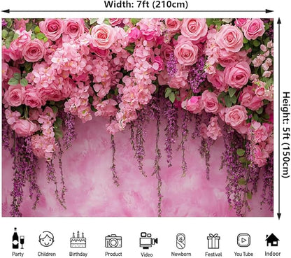 Pink Rose Flower Wall Backdrop for Birthday, Wedding, Bridal Shower, Valentine Day Party Decorations Pregnant Mother Portrait Photo Background (7x5ft)