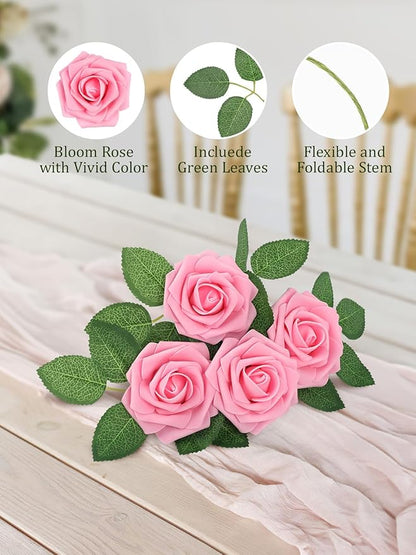 MACTING Artificial Flowers 30PCS Pink Fake Flowers with Stem Real Touch Soft Foam Roses for Valentines Day Gifts Wedding Bouquet Table Centerpieces Party Bridal Shower Birthday Home Spring Decorations