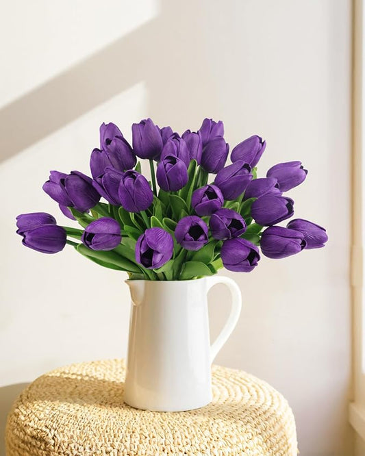 MACTING 30 PCS Artificial Tulip Flowers 13.7" Real Touch Fake PU Tulips Bouquet Faux Purple Flowers for Floral Arrangements Table Centerpiece Kitchen Home Indoor Outdoor Summer Decorations