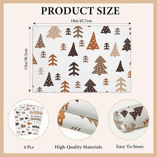 Cotton Linen Waterproof Placemats Set of 4, Christmas Tree Dining Mat Table Mats Decor Fabric for Xmas Dinner Coffee Shop Table, Indoor/Outdoor Washable Wipeable Placemat -N027