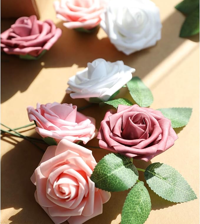 AmyHomie Artificial Flower Shades of Rose 25pcs Real Looking Fake Roses w/Stem for DIY Wedding Bouquets Centerpieces Arrangements Party Baby Shower Valentines Day Christmas Tree Decorations