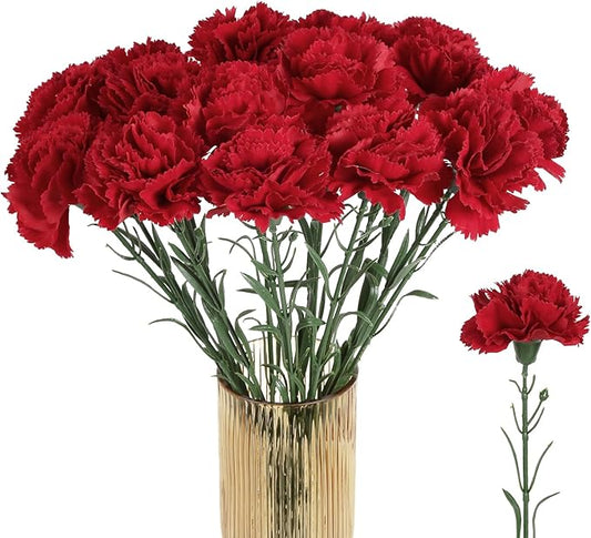 Carnations Artificial Flowers 15PCS 21.25in Velvet Fake Carnations Flowers for Wedding Home Table Centerpieces Floral Arrangements(Retro Red)