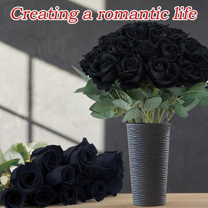 30pcs Fake Roses Artificial Silk Flowers Long Stems Bouquet for Wedding Bridal Shower Party Home Decoration (Black)