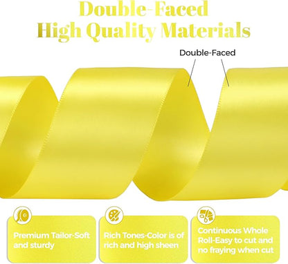 Lemon Yellow Satin Ribbon, Double Faced 2 Inch X 25 Yards Lemon Yellow Ribbon, Premium Satin Ribbon for Gift Wrapping, Crafts, Hair Bow Making, Sewing, Flower Bouquet, Wedding Party Decor