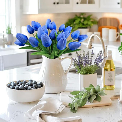 Beferr 18pcs Tulips Artificial Flowers Faux Tulip Real Touch Fake Flowers Bouquets Arrangements for Mothers Day Easter Spring Flowers Gifts Home Table Decor Blue