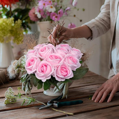 12 Pcs Artificial Rose Flowers, Silk Roses with Long Stems, Realistic Fake Roses for Wedding Centerpiece Party Home and Office DIY Decor, Pink