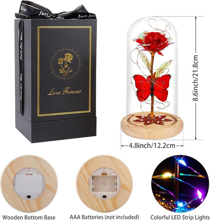 Beferr Christmas Rose Gifts for Women Mom Birthday Gifts, Galaxy Glass Rose Forever Preserved Flowers for Delivery Prime Light Up Rose in Glass Dome with Butterfly Xmas Gifts for Grandma Her Wife, Red