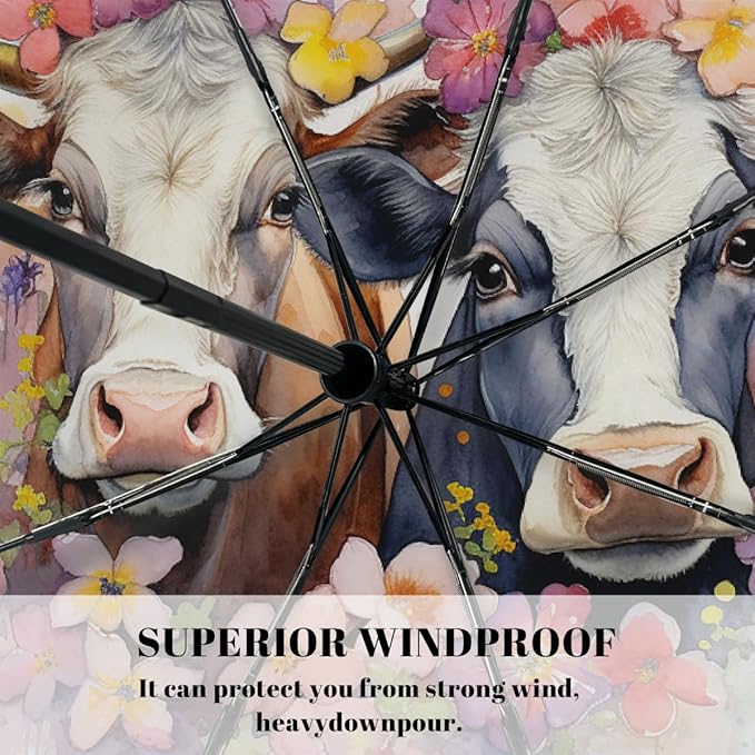 Watercolor Cows Flower Print Folding Umbrella Windproof Compact Lightweight Travel Umbrella with 8 Reinforced Ribs, Portable UV Sun & Rain Protection for Men & Women