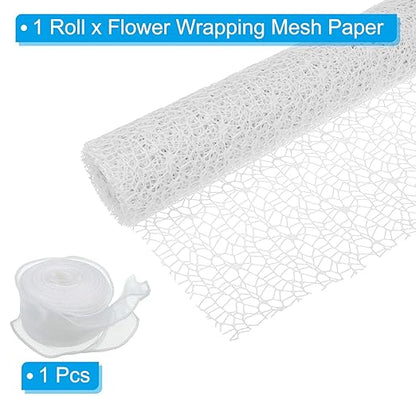 PATIKIL Flower Wrapping Mesh Paper, 15ft Floral Bouquet Craft Packaging Hollow Net Yarn with Ribbon for Flowers Gift Packaging, White