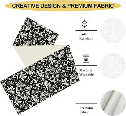 Black Damask Table Runner, Rustic Vintage Floral Antique Victorian Style Print Table Decor for Home Kitchen Dining Patio Holiday Party Indoor Outdoor Table Decorations 13x36 inch