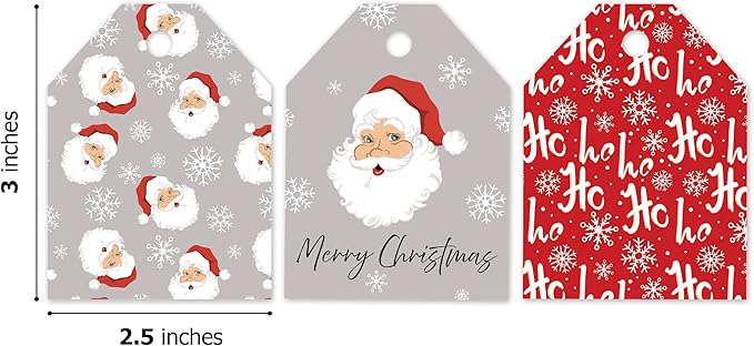 Pro Supply Global 24 Count of 2.5 Inch x 3 Inch Pre Strung Christmas Santas Gift Tag Assorted Printed Designs on Large Cardstock Gift Hang Tags - Ideal to Use on Bags