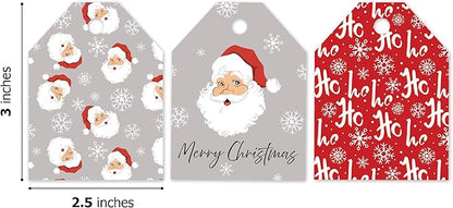 Pro Supply Global 24 Count of 2.5 Inch x 3 Inch Pre Strung Christmas Santas Gift Tag Assorted Printed Designs on Large Cardstock Gift Hang Tags - Ideal to Use on Bags