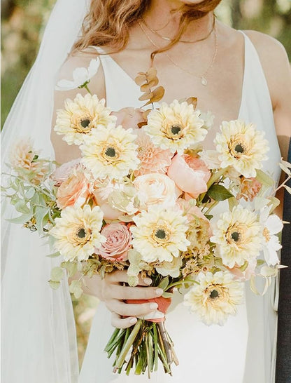 Gerbera Daisy Artificial Flowers Silk Flowers Champagne Gerber Daisy Artificial 10PCS Fake Daisies 17.7in Faux Daisies for Wedding Bridal Bouquet Party Home Kitchen Decor(Champagne)