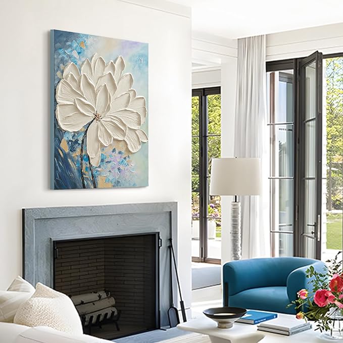 JUHOME Hand-Painted White Floral Canvas Wall Art, 24x36 In Textured Abstract Oil Painting, Vertical Modern Artwork for Living Room, Bedroom, Corridor, Office Decoration