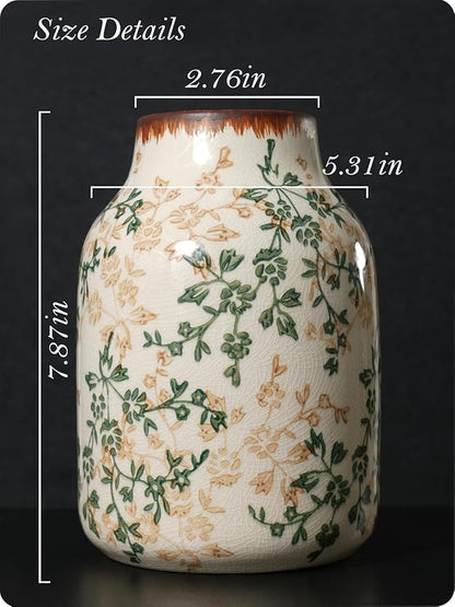 Vintage Ceramic Vase - 7.8 Inch Hand-Painted Flowers with Ice Crackle Glaze Finish, American Farmhouse Style Pitcher Vase for Home Decor, Centerpiece, Shelf, Table, Office