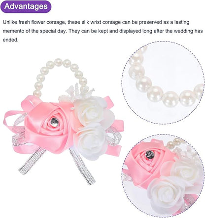 MECCANIXITY Wrist Corsage Artificial Flower Bracelets Rose Wrist Bride Groom Decorative for Wedding Ceremony Prom Party Anniversary Pink