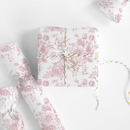 JarThenaAMCS Floral Wrapping Paper Mini Roll 17in x 32.8Ft Pink White Flowers Gift Wrap Paper for Birthday Wedding Baby Shower Party Wrapping Supplies