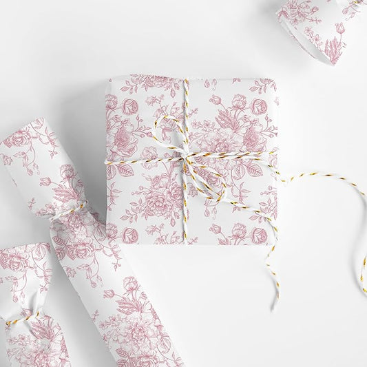 JarThenaAMCS Floral Wrapping Paper Mini Roll 17in x 32.8Ft Pink White Flowers Gift Wrap Paper for Birthday Wedding Baby Shower Party Wrapping Supplies