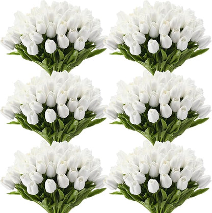 Janinka 60pcs Artificial Tulip Flowers Fake PU Tulips Faux Latex Bouquet Flower Centerpieces Arrangement Floral for Mother Day Wedding Spring Decorations (White)