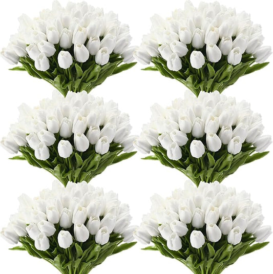Janinka 60pcs Artificial Tulip Flowers Fake PU Tulips Faux Latex Bouquet Flower Centerpieces Arrangement Floral for Mother Day Wedding Spring Decorations (White)