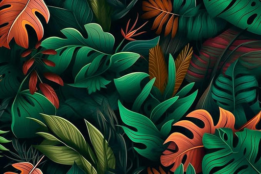 Colorful Tropical Flowers and Leaves Seamless Pattern Mural, Fresh and Unique Background Wall Decorations（Non-self-Adhesive）