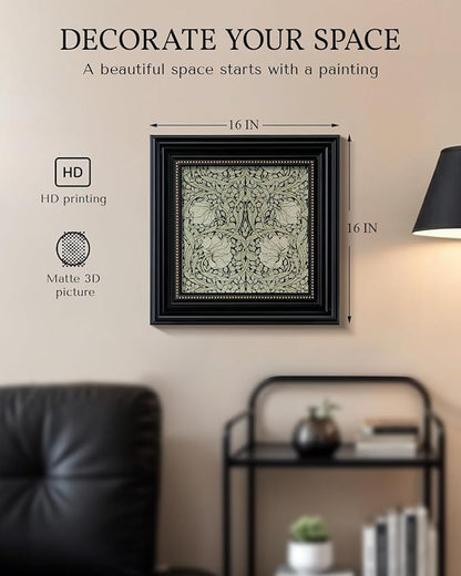 Vintage 3D Textured Floral Pattern Framed Wall Art 16x16, William Morris Inspired Botanical Sandstone Panel Print Square Artwork, Rustic Retro Square Living Room Bedroom Study Gallery Decor
