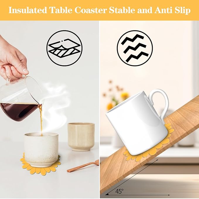 Flower Coasters Set of 6,Anti-Slip Heat-Insulating&Tabletop Protection,Home&Kitchen Coasters for Drinks,Easy to Clean,Beautiful Gift(Yellow Sunflower,3.9inches)